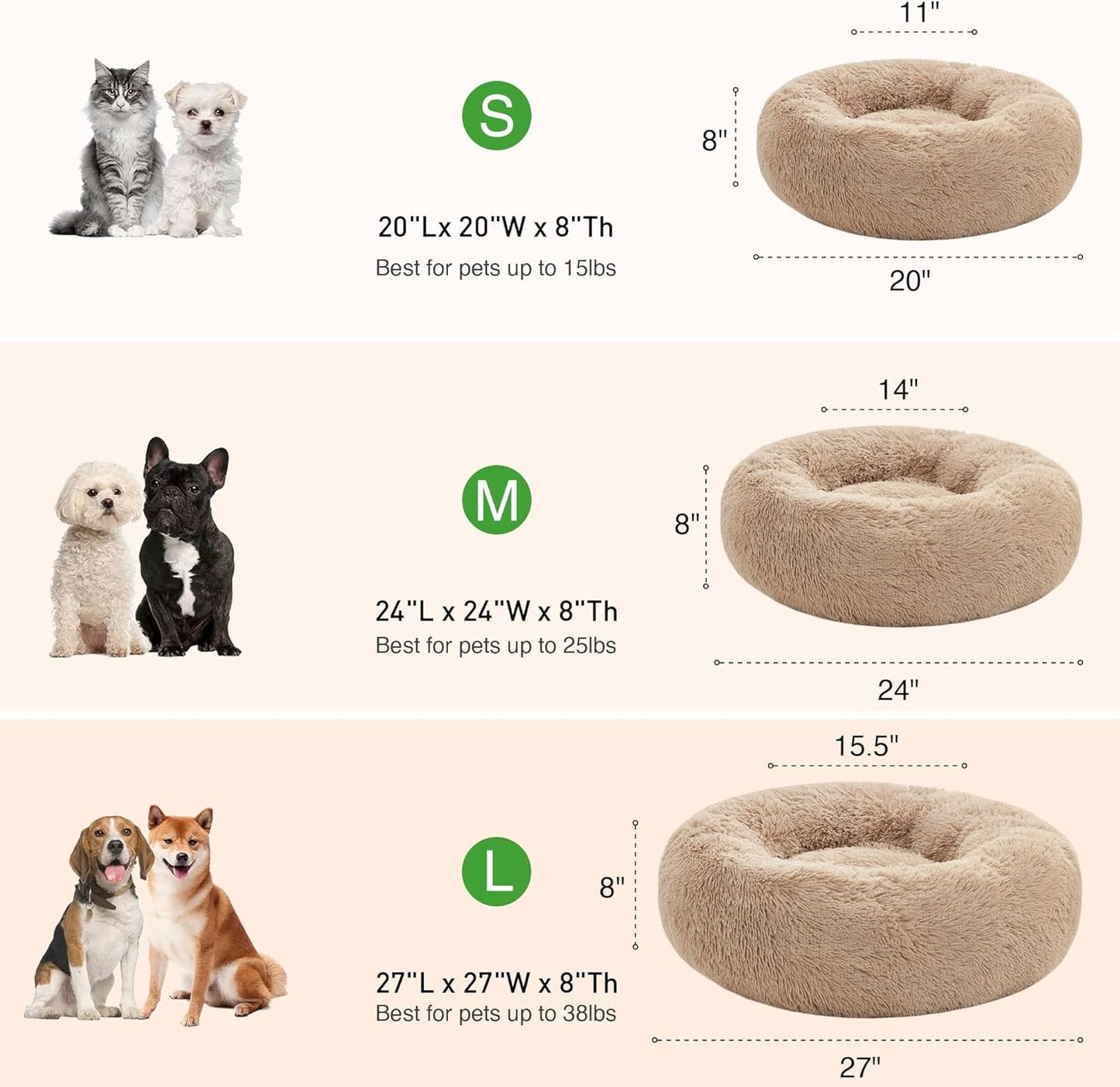 20In Cat Beds for Indoor Cats - Cat Bed with Machine Washable, Waterproof Bottom - Taupe Fluffy Dog and Cat Calming Cushion Bed for Joint-Relief and Sleep Improvement