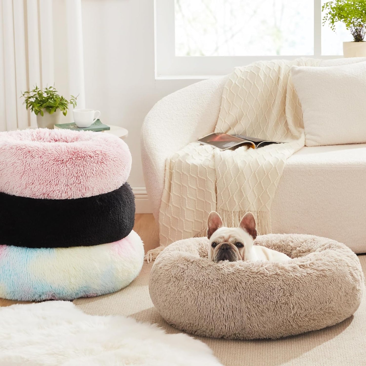 20In Cat Beds for Indoor Cats - Cat Bed with Machine Washable, Waterproof Bottom - Taupe Fluffy Dog and Cat Calming Cushion Bed for Joint-Relief and Sleep Improvement