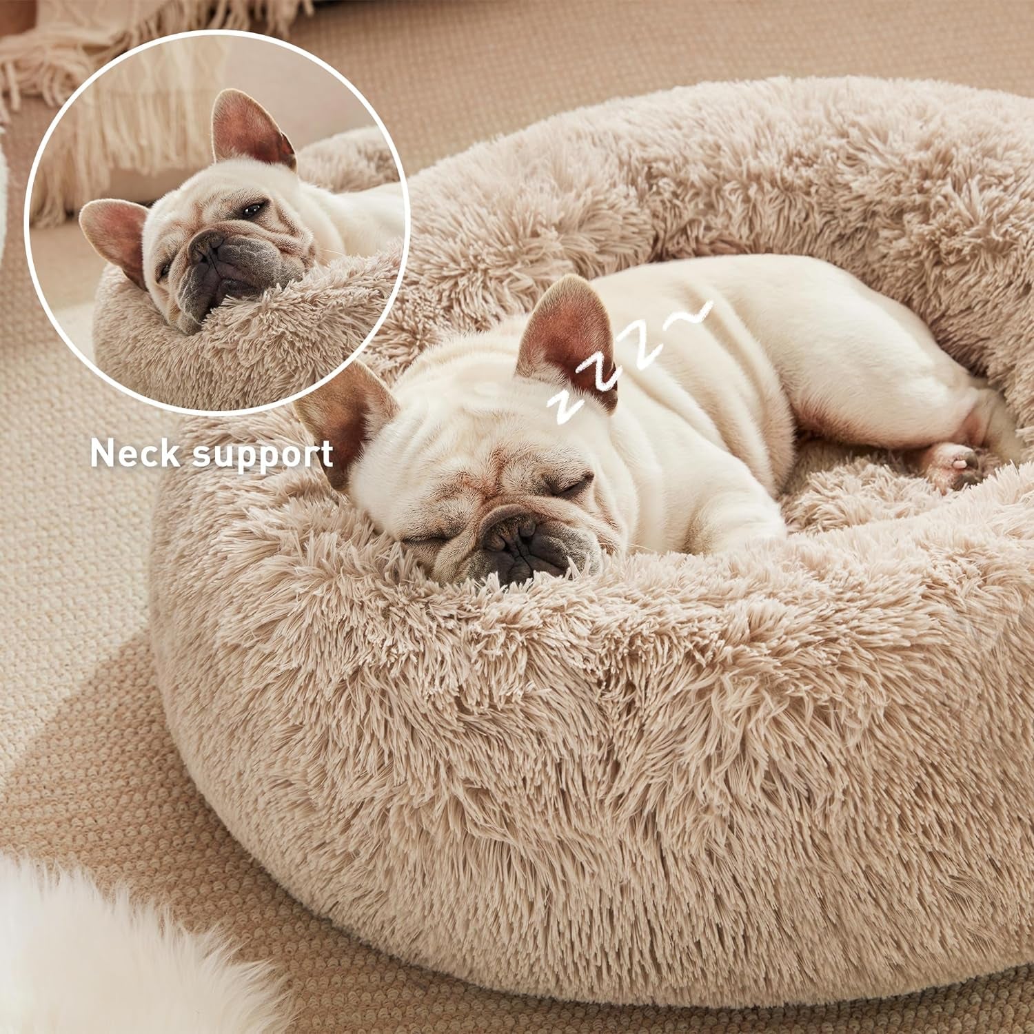 20In Cat Beds for Indoor Cats - Cat Bed with Machine Washable, Waterproof Bottom - Taupe Fluffy Dog and Cat Calming Cushion Bed for Joint-Relief and Sleep Improvement